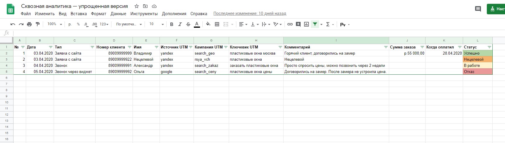 Пример таблицы учета лидов в Excel
